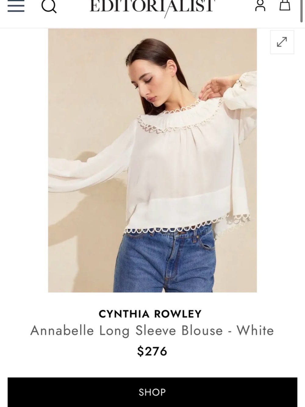 Cynthia Rowley Ivory Scalloped Trim Long Sleeve Blouse